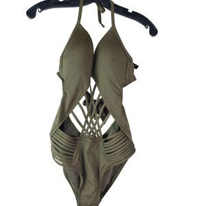 Kenneth Cole Swimsuit Womens Small Olive Green Halter Tie Cutout Sexy One-Piece